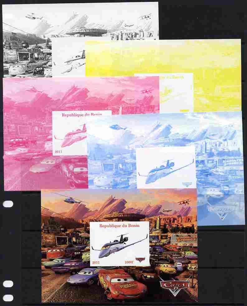 Benin 2011 Cars 2 m/sheet #1 - the set of 5 imperf progressive proofs comprising the 4 individual colours plus all 4-colour composite, unmounted mint 