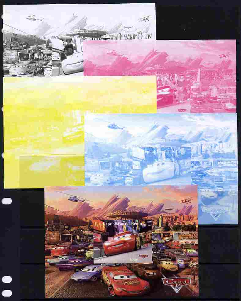 Benin 2011 Cars 2 m/sheet #3 - the set of 5 imperf progressive proofs comprising the 4 individual colours plus all 4-colour composite, unmounted mint 