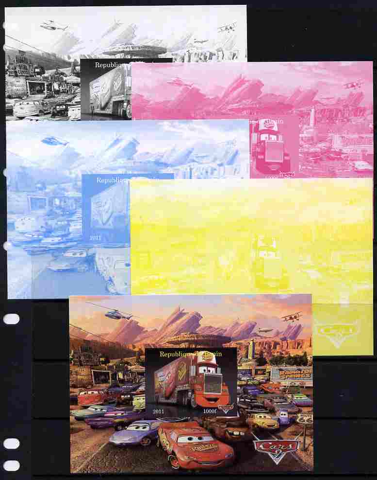 Benin 2011 Cars 2 m/sheet #5 - the set of 5 imperf progressive proofs comprising the 4 individual colours plus all 4-colour composite, unmounted mint 