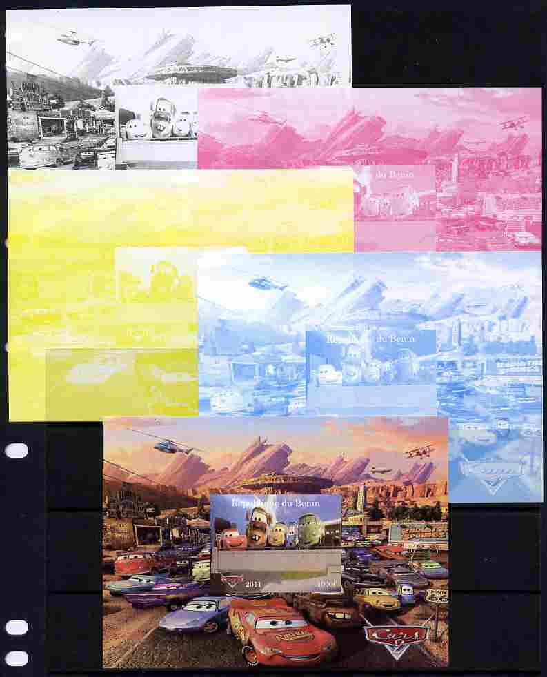 Benin 2011 Cars 2 m/sheet #6 - the set of 5 imperf progressive proofs comprising the 4 individual colours plus all 4-colour composite, unmounted mint 