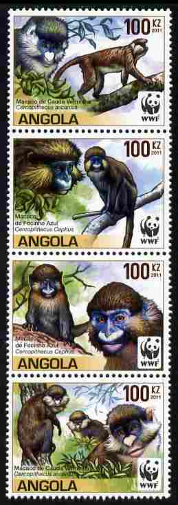 Angola 2011 WWF - Endangered Monkeys perf se-tenant strip of 4 unmounted mint 