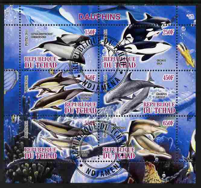 Chad 2011 Dolphins perf sheetlet containing 6 values cto used