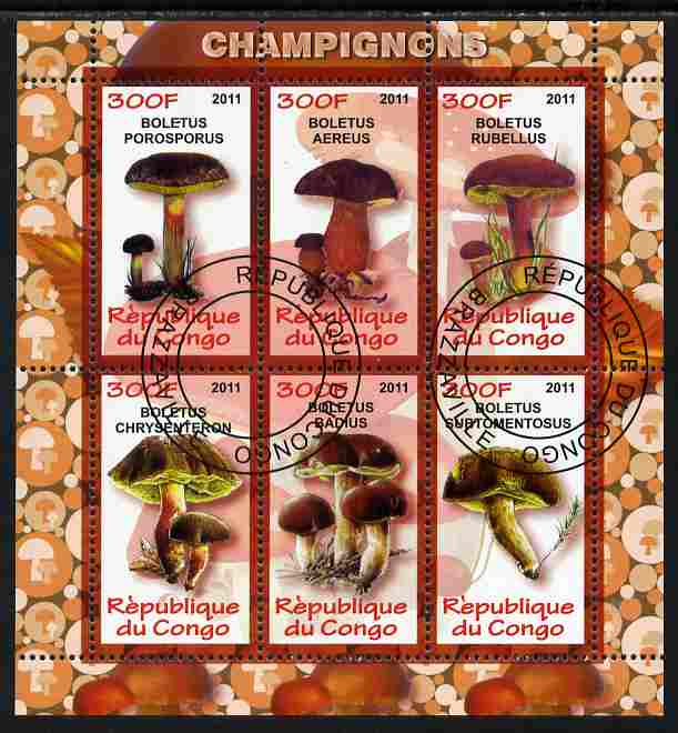 Congo 2011 Fungi perf sheetlet containing 6 values fine cto used