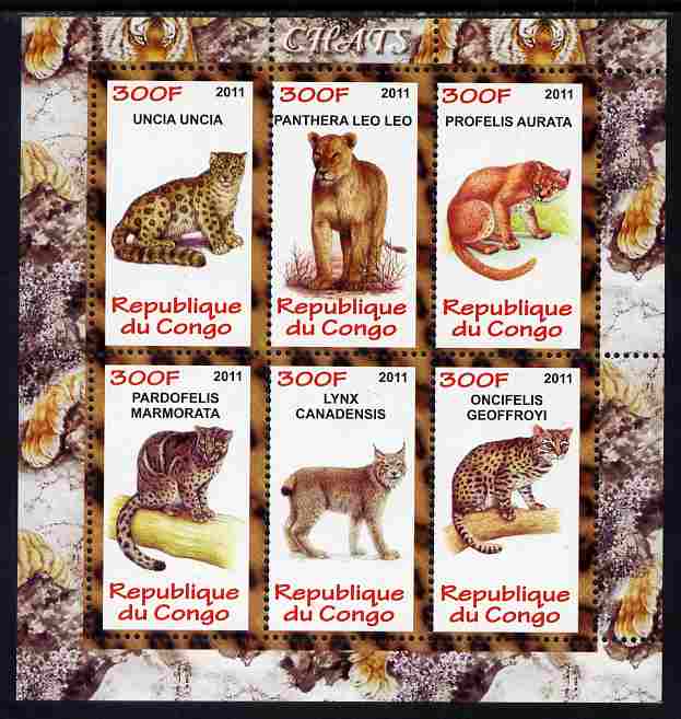 Congo 2011 Wild Cats perf sheetlet containing 6 values unmounted mint