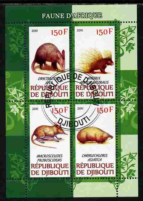 Djibouti 2011 African Fauna - Porcupines, Shrews & Aardvarks perf sheetlet containing 4 values cto used