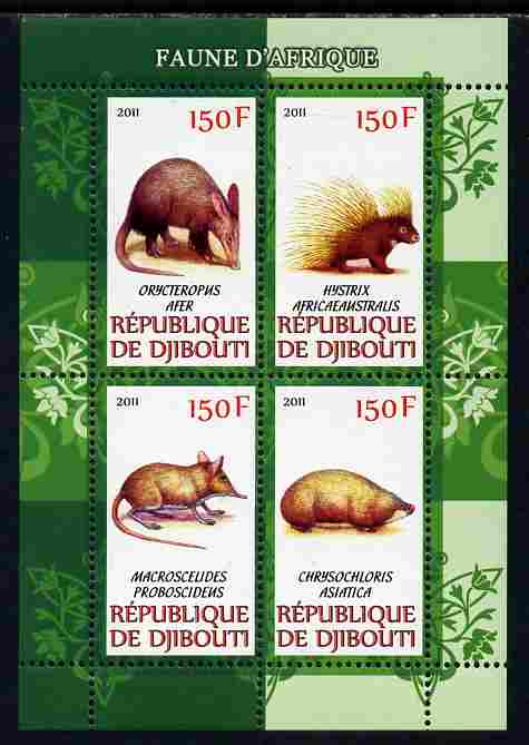Djibouti 2011 African Fauna - Porcupines, Shrews & Aardvarks perf sheetlet containing 4 values unmounted mint