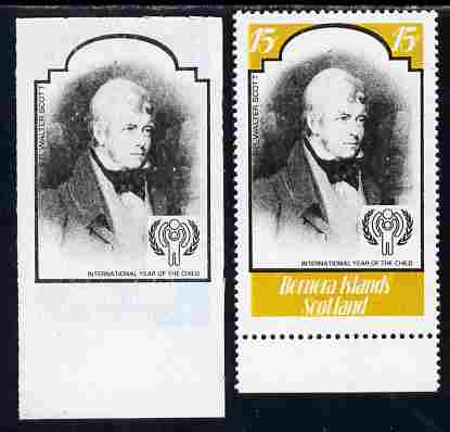 Bernera 1979 Int Year of the Child - Writers - Sir Walter Scott 15p imperf proof in black only complete with perf label as issued both unmounted mint