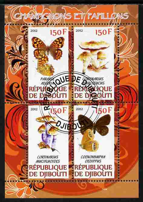 Djibouti 2012 Mushrooms & Butterflies #1 perf sheetlet containing 4 values cto used