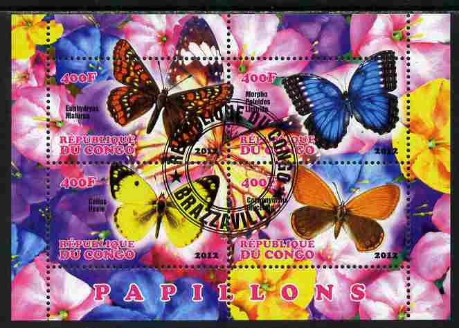 Congo 2012 Butterflies #1 perf sheetlet containing 4 values fine cto used