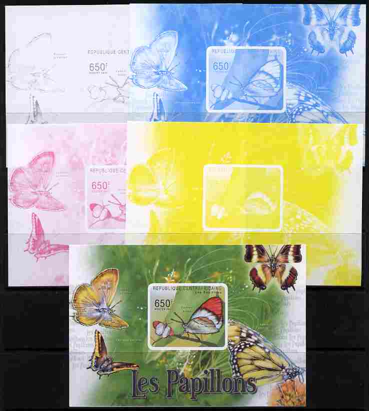 Central African Republic 2011 Butterflies #1 deluxe sheet - the set of 5 imperf progressive proofs comprising the 4 individual colours plus all 4-colour composite, unmounted mint 