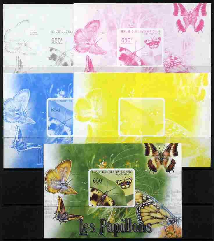 Central African Republic 2011 Butterflies #3 deluxe sheet - the set of 5 imperf progressive proofs comprising the 4 individual colours plus all 4-colour composite, unmounted mint 