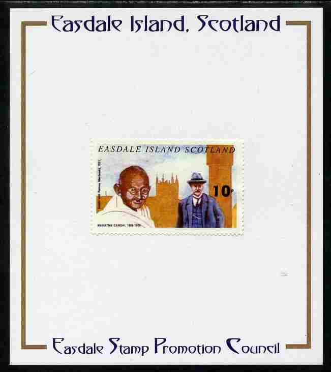 Easdale 1996 Gandhi 10p stamp of Gandhi with Ramsay Macdonald mounted on Publicity proof card issued by the Easdale Stamp Promotion Council 