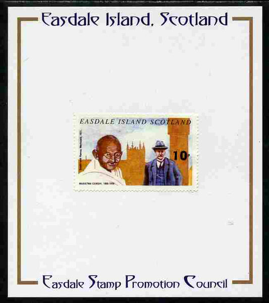 Easdale 1996 Gandhi 10p stamp of Gandhi with Ramsay Macdonald mounted on Publicity proof card issued by the Easdale Stamp Promotion Council 