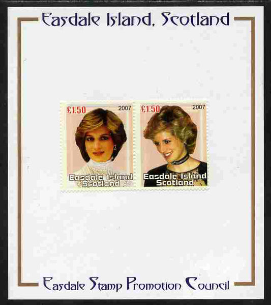 Easdale 2007 Princess Diana £1.50 #1 perf se-tenant pair mounted on Publicity proof card issued by the Easdale Stamp Promotion Council 