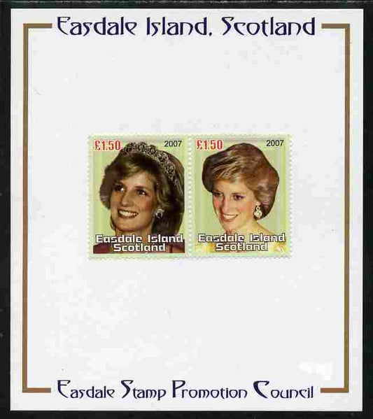 Easdale 2007 Princess Diana £1.50 #2 perf se-tenant pair mounted on Publicity proof card issued by the Easdale Stamp Promotion Council 