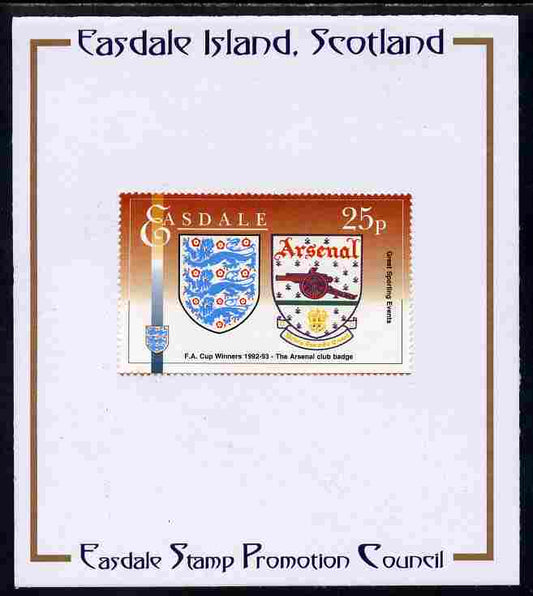 Easdale 1996 Great Sporting Events - Football 25p - Arsenal Club Badge Winners of 1992-93 FA Cup Final mounted on Publicity proof card issued by the Easdale Stamp Promotion Council 