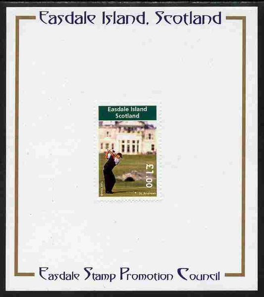 Easdale 2005 Tiger Woods at St Andrews perf £1 value mounted on Publicity proof card issued by the Easdale Stamp Promotion Council 