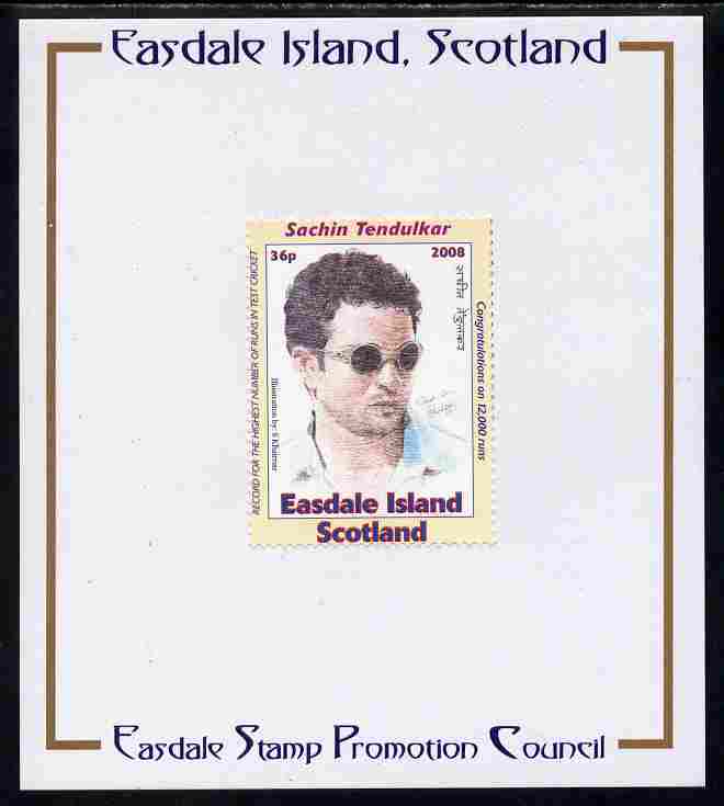 Easdale 2008 Sachin Tendulkar (cricketer) 36p (with sun glasses - white border) mounted on Publicity proof card issued by the Easdale Stamp Promotion Council 