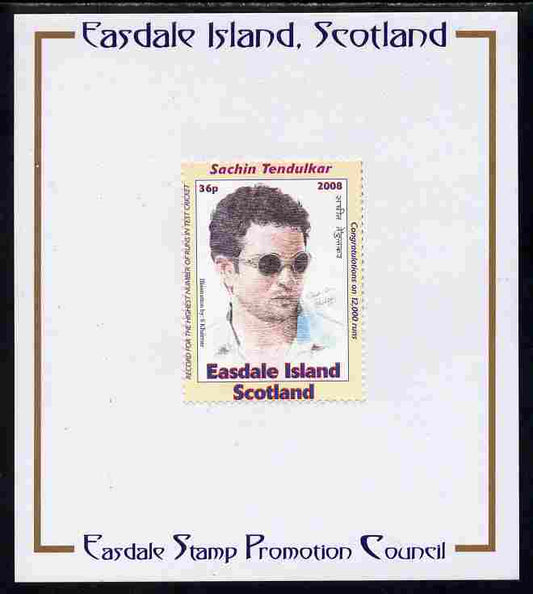 Easdale 2008 Sachin Tendulkar (cricketer) 36p (with sun glasses - white border) mounted on Publicity proof card issued by the Easdale Stamp Promotion Council 