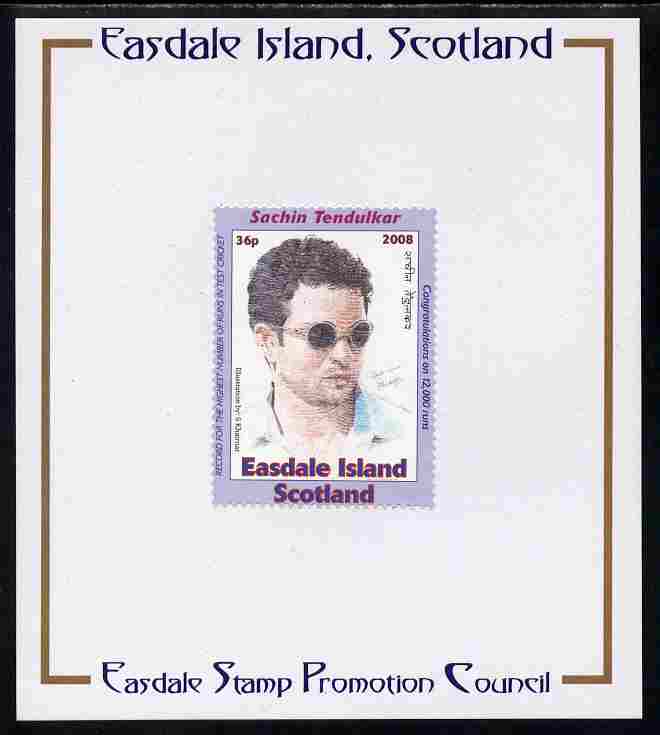 Easdale 2008 Sachin Tendulkar (cricketer) 36p (with sun glasses - blue border) mounted on Publicity proof card issued by the Easdale Stamp Promotion Council 