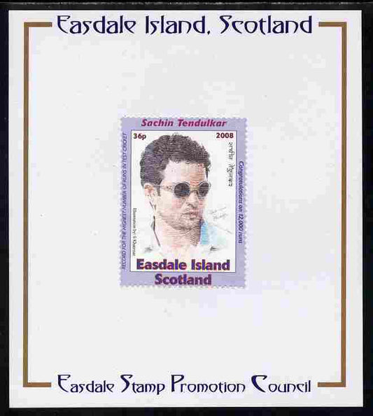 Easdale 2008 Sachin Tendulkar (cricketer) 36p (with sun glasses - blue border) mounted on Publicity proof card issued by the Easdale Stamp Promotion Council 