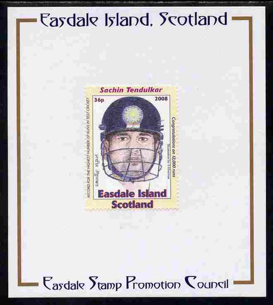 Easdale 2008 Sachin Tendulkar (cricketer) 36p (with helmet - white border) mounted on Publicity proof card issued by the Easdale Stamp Promotion Council 