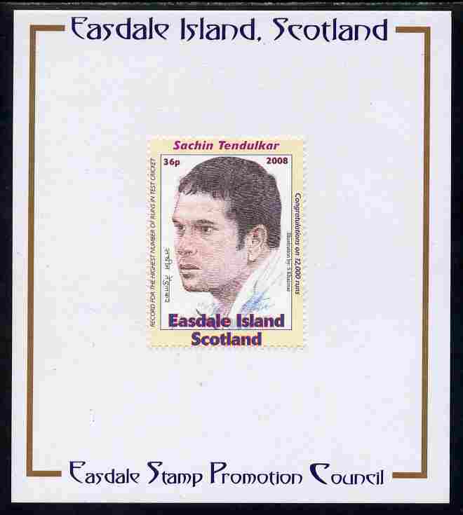 Easdale 2008 Sachin Tendulkar (cricketer) 36p (looking to left - white border) mounted on Publicity proof card issued by the Easdale Stamp Promotion Council 