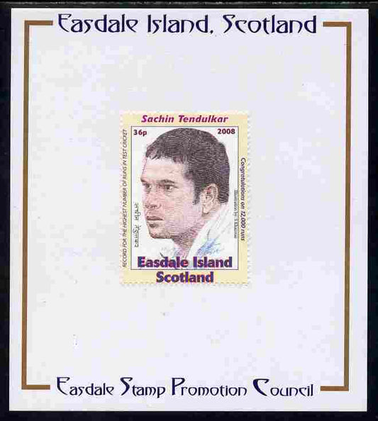 Easdale 2008 Sachin Tendulkar (cricketer) 36p (looking to left - white border) mounted on Publicity proof card issued by the Easdale Stamp Promotion Council 