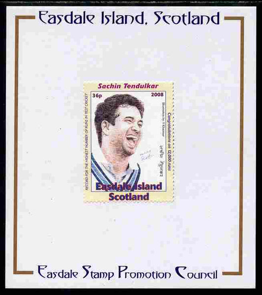Easdale 2008 Sachin Tendulkar (cricketer) 36p (looking to right - white border) mounted on Publicity proof card issued by the Easdale Stamp Promotion Council 