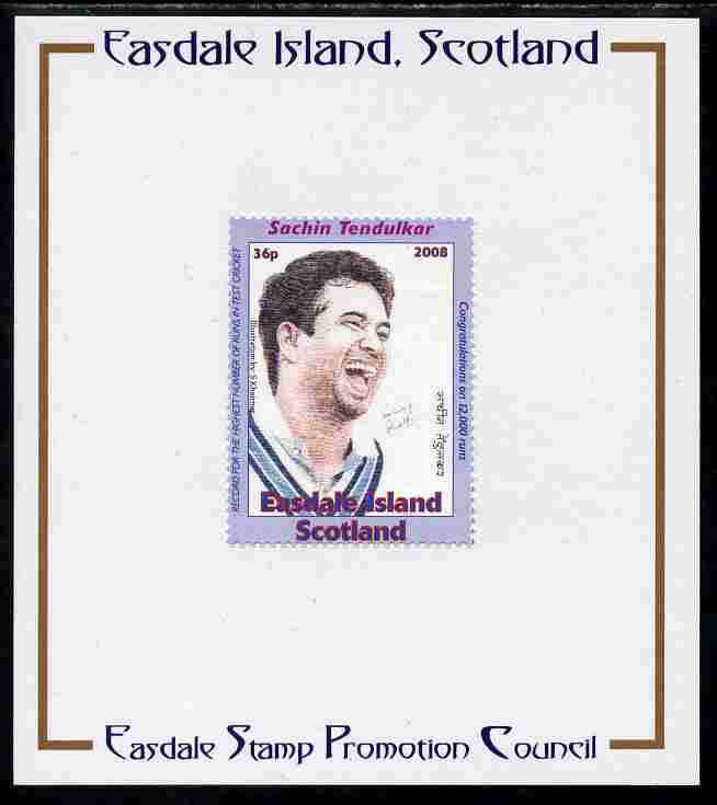 Easdale 2008 Sachin Tendulkar (cricketer) 36p (looking to right - blue border) mounted on Publicity proof card issued by the Easdale Stamp Promotion Council 