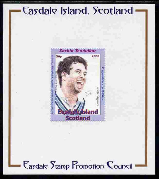 Easdale 2008 Sachin Tendulkar (cricketer) 36p (looking to right - blue border) mounted on Publicity proof card issued by the Easdale Stamp Promotion Council 