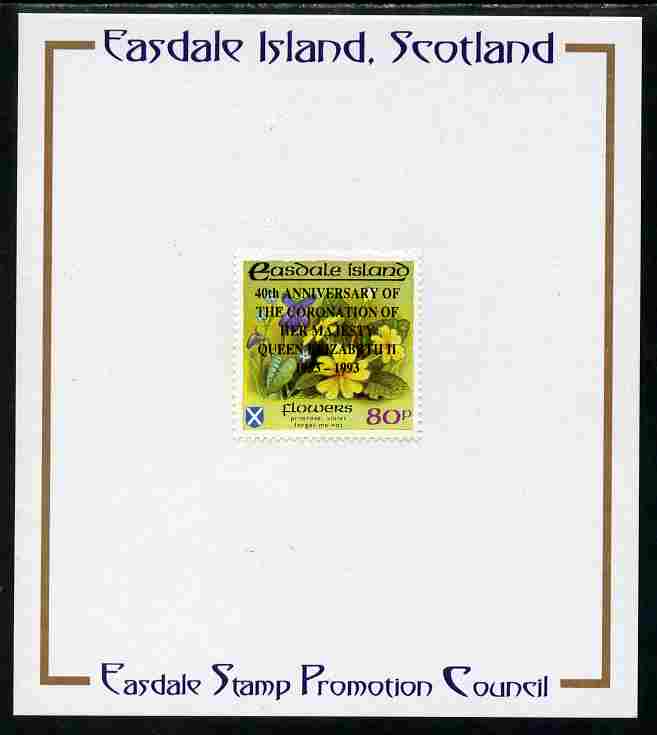 Easdale 1993 40th Anniversary of Coronation overprinted in black on Flora & Fauna perf 80p (Flowers) mounted on Publicity proof card issued by the Easdale Stamp Promotion Council 