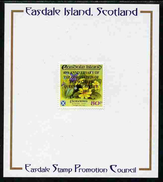 Easdale 1993 40th Anniversary of Coronation overprinted in black on Flora & Fauna perf 80p (Flowers) mounted on Publicity proof card issued by the Easdale Stamp Promotion Council 