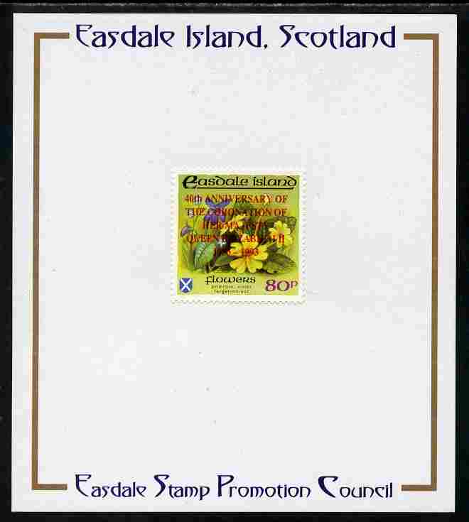 Easdale 1993 40th Anniversary of Coronation overprinted in red on Flora & Fauna perf 80p (Flowers) mounted on Publicity proof card issued by the Easdale Stamp Promotion Council 