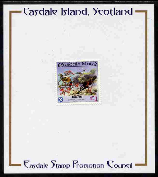 Easdale 1988 Flora & Fauna perf definitive £1 (Birds) mounted on Publicity proof card issued by the Easdale Stamp Promotion Council 