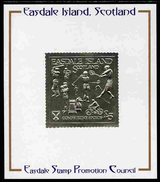 Easdale 1991 Competitive Sport #1 £5 embossed in silver foil (with border showing Golf, Cricket, Tennis, Scrambling, Bowls, Fencing, Cycling & Chess) mounted on Publicity proof card issued by the Easdale Stamp Promotion Council 