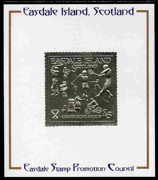 Easdale 1991 Competitive Sport #1 £5 embossed in silver foil (with border showing Golf, Cricket, Tennis, Scrambling, Bowls, Fencing, Cycling & Chess) mounted on Publicity proof card issued by the Easdale Stamp Promotion Council 