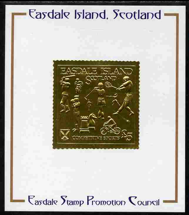 Easdale 1991 Competitive Sport #1 £5 embossed in gold foil (with border showing Golf, Cricket, Tennis, Scrambling, Bowls, Fencing, Cycling & Chess) mounted on Publicity proof card issued by the Easdale Stamp Promotion Council 