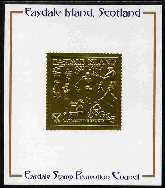 Easdale 1991 Competitive Sport #1 £5 embossed in gold foil (with border showing Golf, Cricket, Tennis, Scrambling, Bowls, Fencing, Cycling & Chess) mounted on Publicity proof card issued by the Easdale Stamp Promotion Council 
