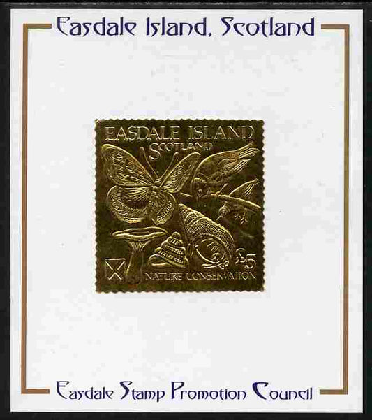 Easdale 1991 Nature Conservation £5 embossed in gold foil (Butterfly, Birds, Mushroom & Shells) mounted on Publicity proof card issued by the Easdale Stamp Promotion Council 
