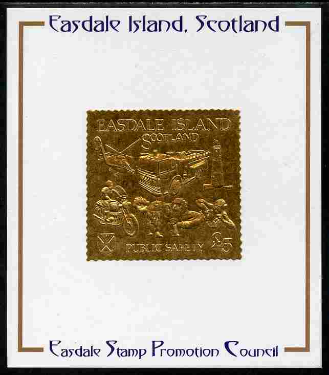 Easdale 1991 Public Safety £5 embossed in gold foil (showing Lighthouse, Fire engine, Rescue Dog, Helicopter, First-Aid & Motorcyclist) mounted on Publicity proof card issued by the Easdale Stamp Promotion Council 