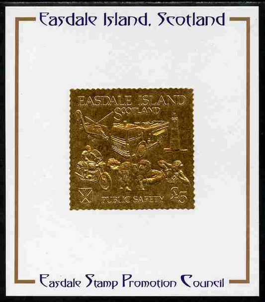 Easdale 1991 Public Safety £5 embossed in gold foil (showing Lighthouse, Fire engine, Rescue Dog, Helicopter, First-Aid & Motorcyclist) mounted on Publicity proof card issued by the Easdale Stamp Promotion Council 