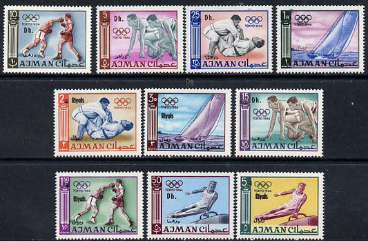 Ajman 1967 New Currency opts on 1965 Olympic set of 10 unmounted mint, Mi A126-K126 