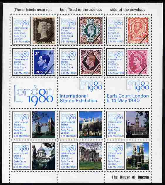 Cinderella - GB Great Britain 1980 London International Stamp Exhibition perf sheetlet containing 15 labels (6 x GB Great Britain stamps, 6 x London Tourists Sites & 3 labels) on gummed paper unmounted mint with House of Questa imprint