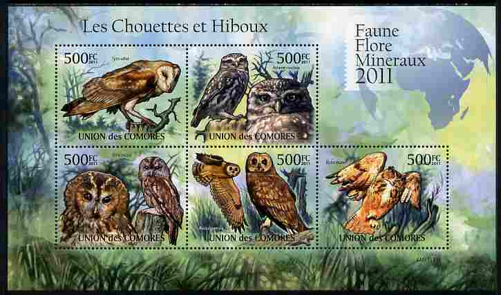 Comoro Islands 2011 Owls #1 perf sheetlet containing 5 values unmounted mint 