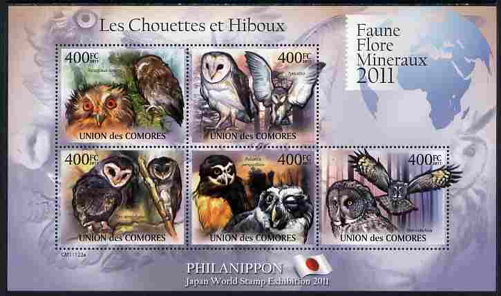 Comoro Islands 2011 Owls #2 perf sheetlet containing 5 values unmounted mint 