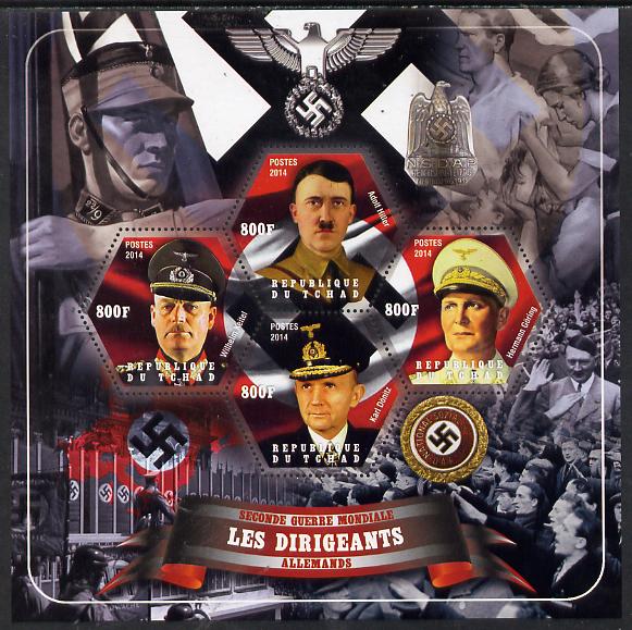Chad 2014 Leaders in WW2 - Germany #3 - Hitler, Goring, Donitz & Keitel perf sheetlet containing four hexagonal shaped values unmounted mint