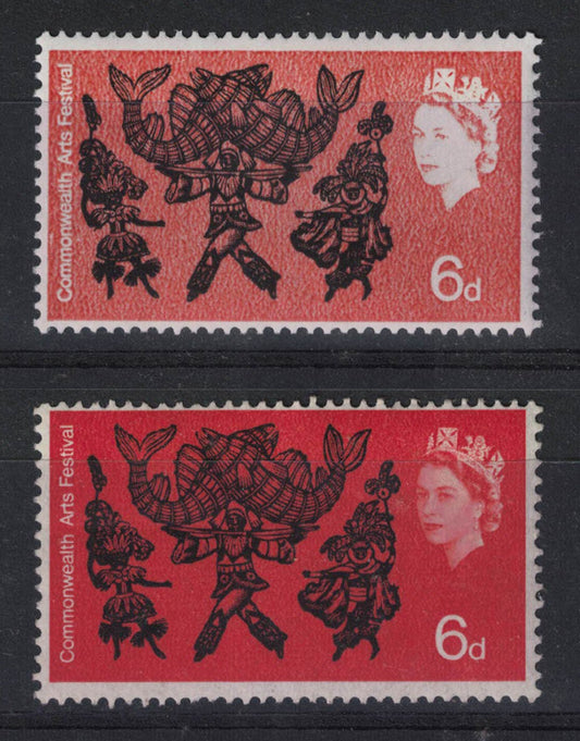 GB 1965 Arts SG669 6d Black & Orange. Dry Print of Orange supplied with Normal. Both U/M