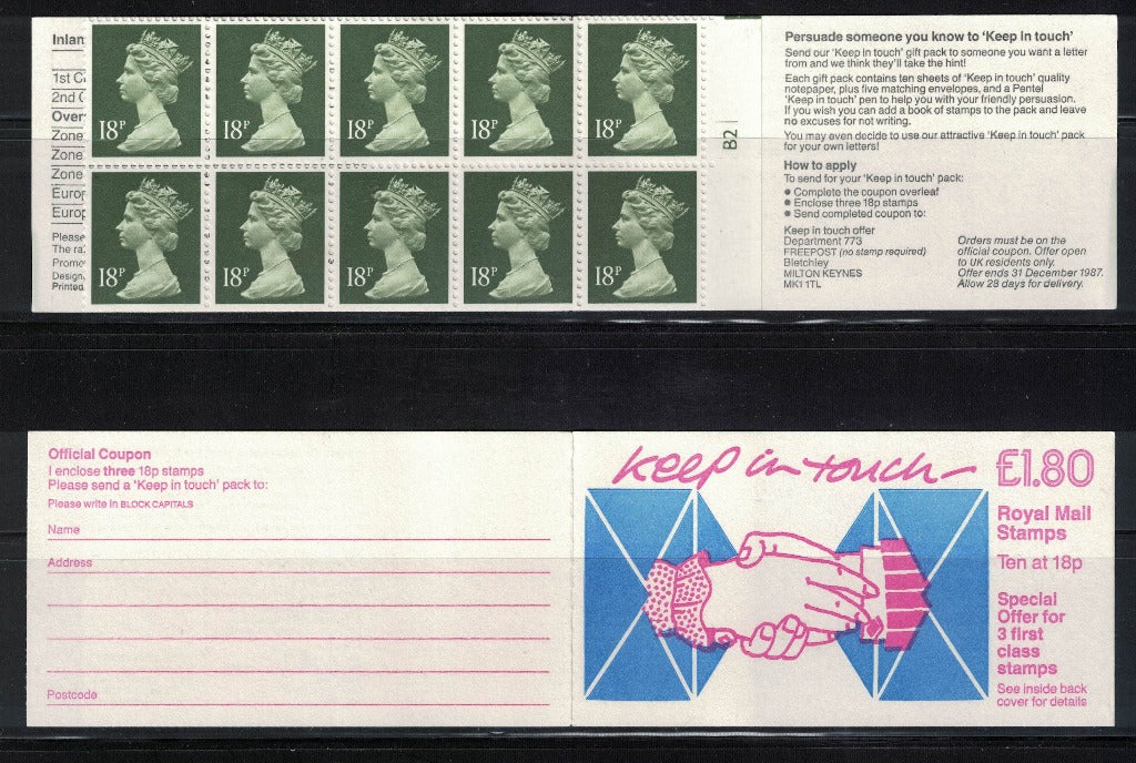 GB 1987 £1.80 "Keep in Touch" Booklet FU2B Cylinder B2 U/M