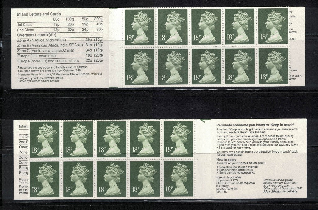 GB 1987 £1.80 "Keep in Touch" Booklet FU2A & FU2B Mint Good Perfs